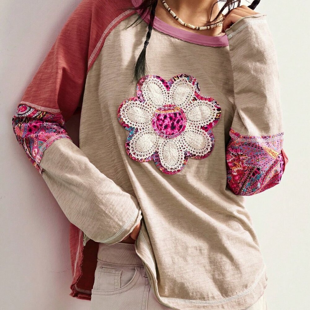 Multicolor Casual Women's Boho Patchwork Long Sleeve Loose Washed Graphic top